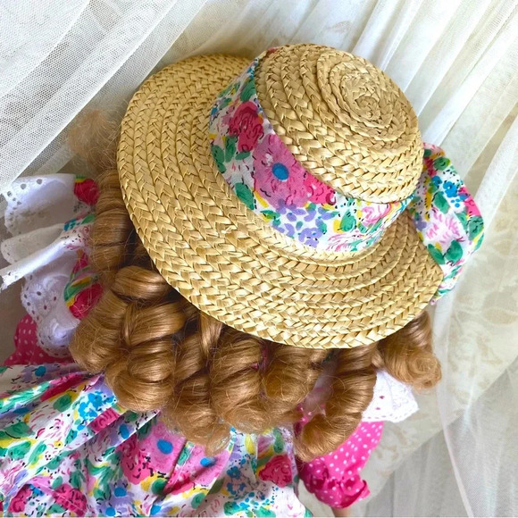 Porcelain Collectible Girl Doll with Colorful Dress & Matching Straw Hat 17" - Picture 3 of 8